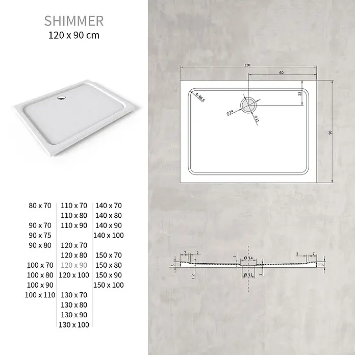 i-flair Duschwanne Shimmer STONE 90x120 cm - L x B: 120 x 90 cm, Verbundwerkstoff, Weiss - Rechteckige weiße, texturierte Duschwanne mit sichtbarem Abfluss.