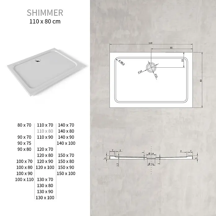 i-flair Duschwanne Shimmer 80x110 cm - L x B: 110 x 80 cm, Verbundwerkstoff, Weiss - Weiße rechteckige Duschwanne, 110x80 cm, mit mittigem Ablauf und technischer Zeichnung.