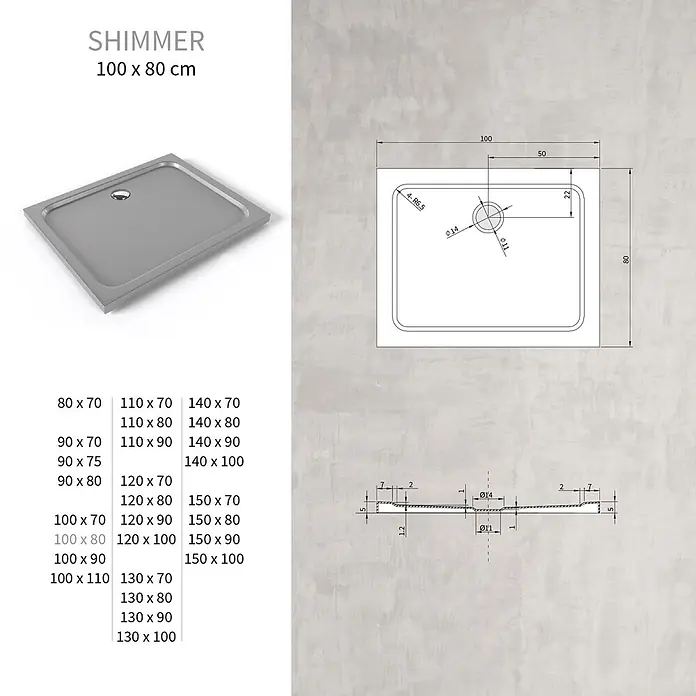 i-flair Duschwanne SHIMMER 80x100 cm - L x B: 100 x 80 cm, Verbundwerkstoff, Grau - Graue rechteckige Duschwanne mit zentralem Abfluss und technischen Zeichnungen. Erhältlich in verschiedenen Größen.