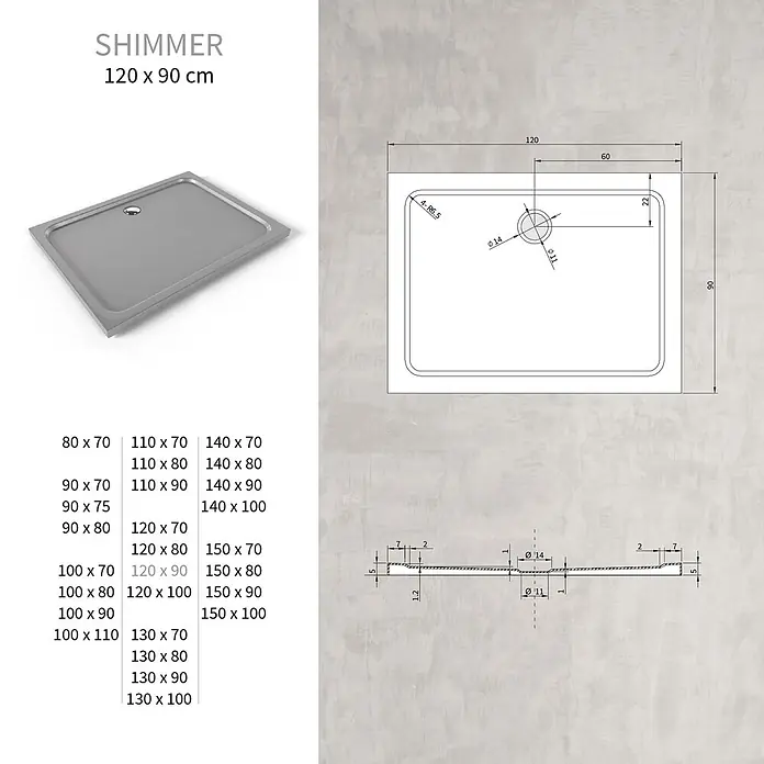 i-flair Duschwanne SHIMMER 90x120 cm - L x B: 120 x 90 cm, Verbundwerkstoff, Grau - Graue Shimmer Duschwanne, 120x90 cm, mit zentralem Abfluss und technischer Zeichnung.