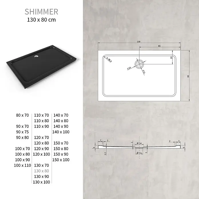 Shimmer Duschwanne 80x130 cm - Höhe: 50 mm, aus schwarzem Sanitäracryl -  - Rechteckige schwarze SHIMMER Duschwanne, 130 x 80 cm, mit einer Ablauföffnung.