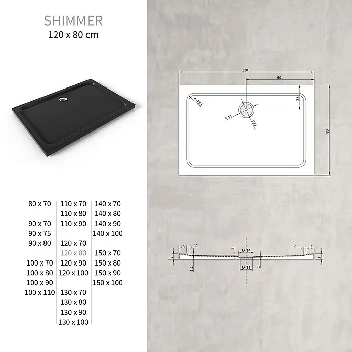 i-flair Duschwanne SHIMMER 80x120 cm - L x B: 120 x 80 cm, Verbundwerkstoff, Schwarz - Schwarze rechteckige Duschwanne mit zentralem Abfluss und detaillierter technischer Zeichnung der Maße.