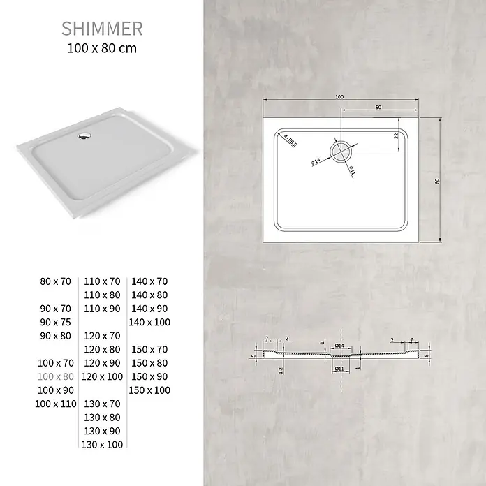 i-flair Duschwanne Shimmer 80x100 cm - L x B: 100 x 80 cm, Verbundwerkstoff, Weiss - Weißes, rechteckiges Duschbecken mit zentralem Abfluss und technischen Maßen in einer Zeichnung.