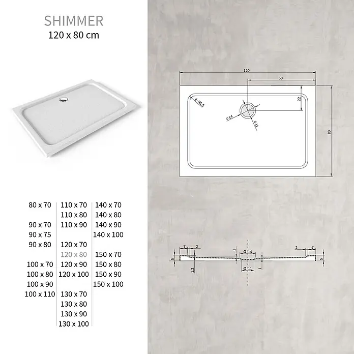i-flair Duschwanne Shimmer STONE 80x120 cm - L x B: 120 x 80 cm, Verbundwerkstoff, Weiss - Weiße, texturierte, rechteckige SHIMMER Duschwanne mit Ablauf, dargestellt mit technischen Zeichnungen und Größenoptionen.
