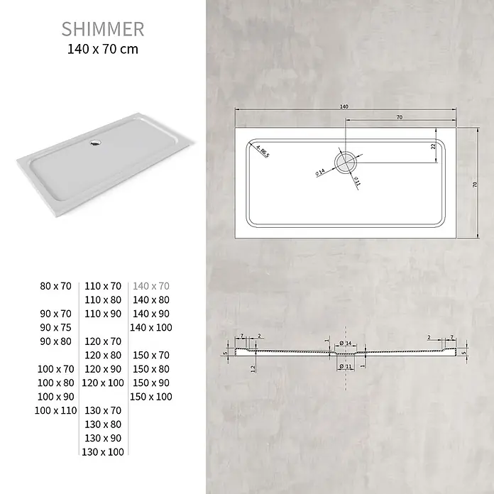 i-flair Duschwanne Shimmer 70x140 cm - L x B: 140 x 70 cm, Verbundwerkstoff, Weiss - Weißes, rechteckiges Duschbecken mit einem mittigen runden Ablauf.