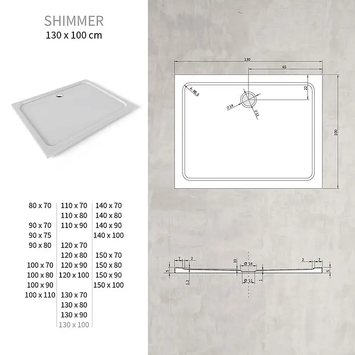 i-flair Duschwanne Shimmer 100x130 cm - L x B: 130 x 100 cm, Verbundwerkstoff, Weiss - Helle SHIMMER Duschwanne 130x100 cm mit Ablauf, inklusive technischer Zeichnungen und Größenoptionen.