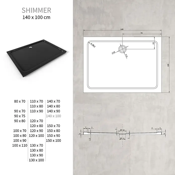 i-flair Duschwanne SHIMMER 100x140 cm - L x B: 140 x 100 cm, Verbundwerkstoff, Schwarz - Schwarze rechteckige Duschwanne mit Ablauf, detaillierter technischer Zeichnung und Größenoptionen.