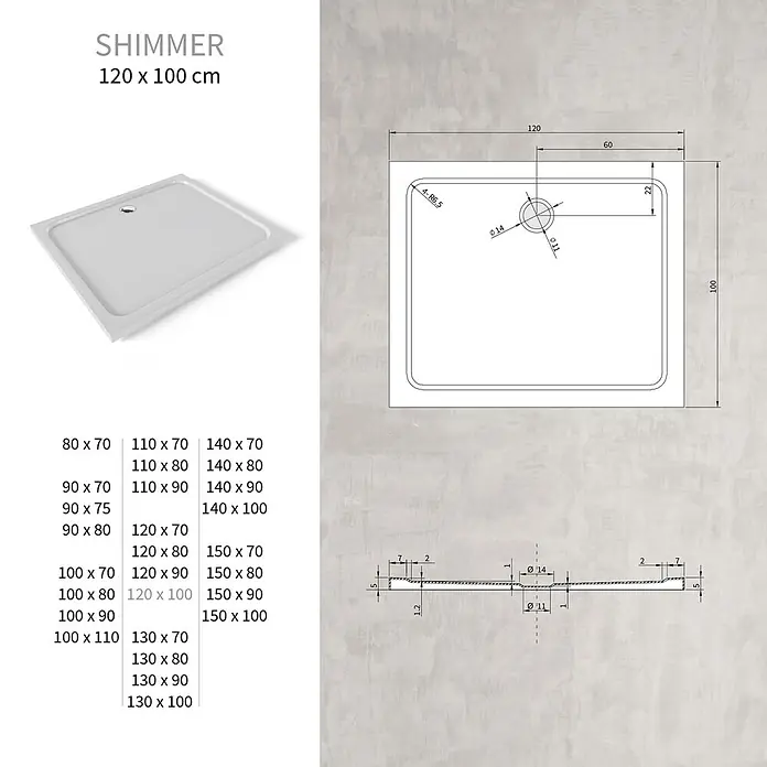 i-flair Duschwanne Shimmer 100x120 cm - L x B: 120 x 100 cm, Verbundwerkstoff, Weiss - Eine weiße, rechteckige Duschwanne mit zentralem Abfluss, dargestellt mit technischen Maßen.