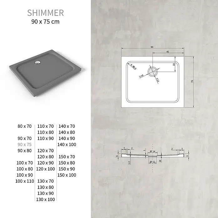 i-flair Duschwanne Shimmer STONE 75x90 cm - L x B: 90 x 75 cm, Verbundwerkstoff, Grau - Rechteckige, graue, strukturierte Duschwanne mit zentralem Abfluss. Maße 90 x 75 cm.