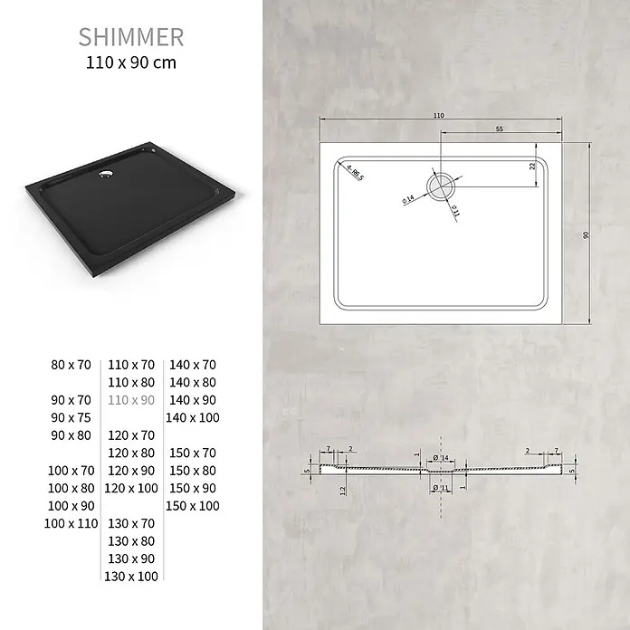 Shimmer Duschwanne 90x110 cm - Höhe: 50 mm, aus schwarzem Sanitäracryl -  - Schwarze Duschwanne mit technischen Zeichnungen und Maßangaben.