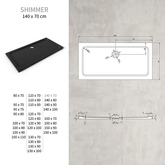 i-flair Duschwanne SHIMMER 70x140 cm - L x B: 140 x 70 cm, Verbundwerkstoff, Schwarz - Schwarze Shimmer Duschwanne, 140x70 cm, mit Abflussloch, dargestellt mit technischen Zeichnungen.