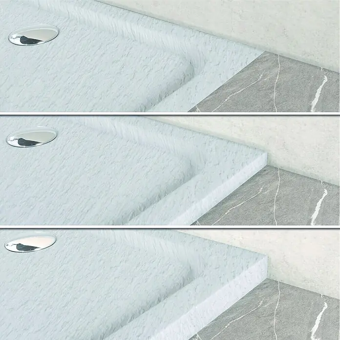 i-flair Duschwanne Shimmer STONE 80x80 cm - L x B: 80 x 80 cm, Verbundwerkstoff, Weiss - Strukturierte hellblau-graue Duschwanne mit Chromablauf, in geflieste Badezimmerecke installiert.