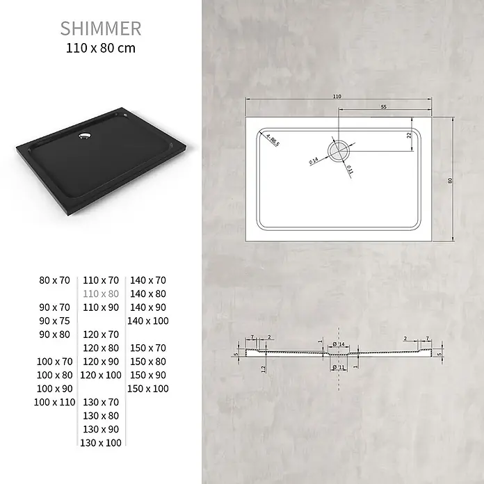i-flair Duschwanne SHIMMER 80x110 cm - L x B: 110 x 80 cm, Verbundwerkstoff, Schwarz - Schwarze Duschwanne, 110 x 80 cm, mit technischen Zeichnungen.