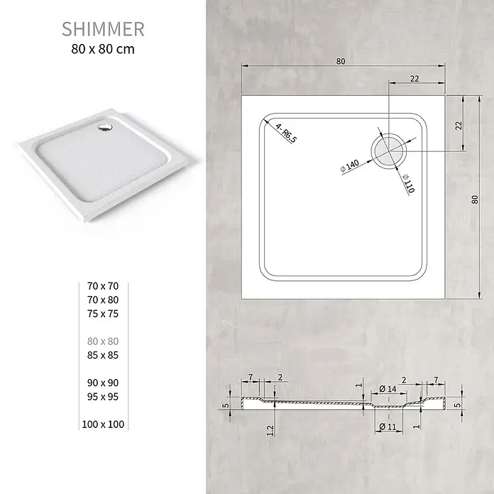 i-flair Duschwanne Shimmer STONE 80x80 cm - L x B: 80 x 80 cm, Verbundwerkstoff, Weiss - Weiße, texturierte Duschwanne SHIMMER (80x80 cm) mit technischer Maßzeichnung.