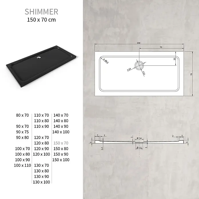 i-flair Duschwanne SHIMMER 70x150 cm - L x B: 150 x 70 cm, Verbundwerkstoff, Schwarz - Schwarze rechteckige SHIMMER Duschwanne, 150 x 70 cm, mit zentralem Ablauf und dezentem Rand.