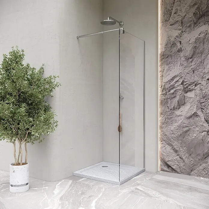 i-flair Duschwanne Shimmer STONE 80x80 cm - L x B: 80 x 80 cm, Verbundwerkstoff, Weiss - Eckduschkabine aus Klarglas mit Chrom-Regenduschkopf und grauer Duschwanne, in einem modernen Badezimmer.