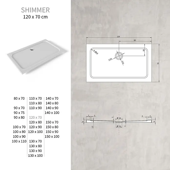 i-flair Duschwanne Shimmer 70x120 cm - L x B: 120 x 70 cm, Verbundwerkstoff, Weiss - Weiße, rechteckige SHIMMER Duschwanne, 120x70 cm, mit mittigem Abfluss. Technische Zeichnungen und Größenangaben.