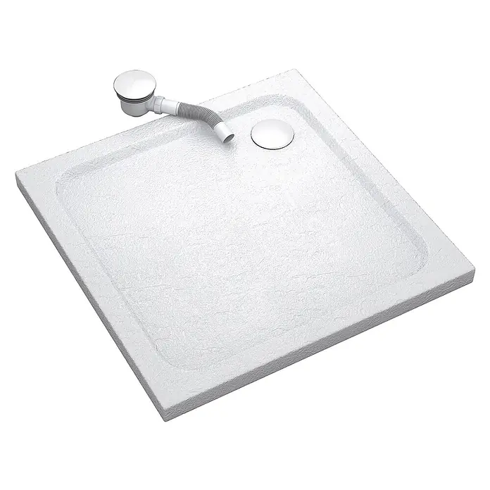 i-flair Duschwanne Shimmer STONE 80x80 cm - L x B: 80 x 80 cm, Verbundwerkstoff, Weiss - Weißer rechteckiger texturierter Duschwanne mit Chromablauf und flexiblem Schlauch.