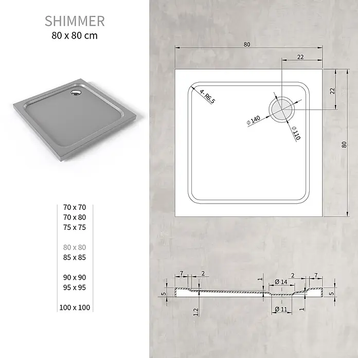 i-flair Duschwanne SHIMMER 80x80 cm - L x B: 80 x 80 cm, Verbundwerkstoff, Grau - Silbergraue quadratische Duschwanne mit Ablaufloch und technischen Zeichnungen. Maße 80x80 cm, weitere Größen verfügbar.