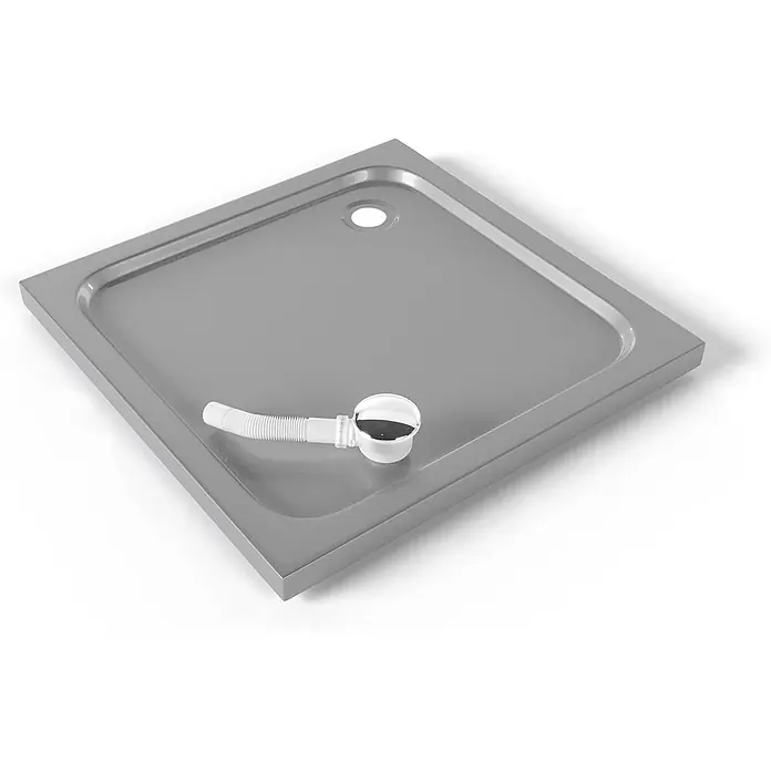 i-flair Duschwanne SHIMMER 80x80 cm - L x B: 80 x 80 cm, Verbundwerkstoff, Grau - Graue quadratische Duschwanne mit weißem flexiblem Abflussrohr und Chromablauf.