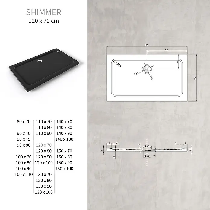 i-flair Duschwanne SHIMMER 70x120 cm - L x B: 120 x 70 cm, Verbundwerkstoff, Schwarz - Schwarze rechteckige Duschwanne mit integriertem Ablauf und technischen Maßen.