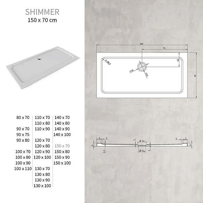i-flair Duschwanne Shimmer 70x150 cm - L x B: 150 x 70 cm, Verbundwerkstoff, Weiss - Ein weißes, rechteckiges Duschbecken mit zentralem Abfluss und technischen Maßen.