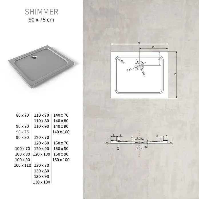 i-flair Duschwanne SHIMMER 75x90 cm - L x B: 90 x 75 cm, Verbundwerkstoff, Grau - Graue rechteckige Duschwanne mit zentralem Ablauf, 90 x 75 cm.