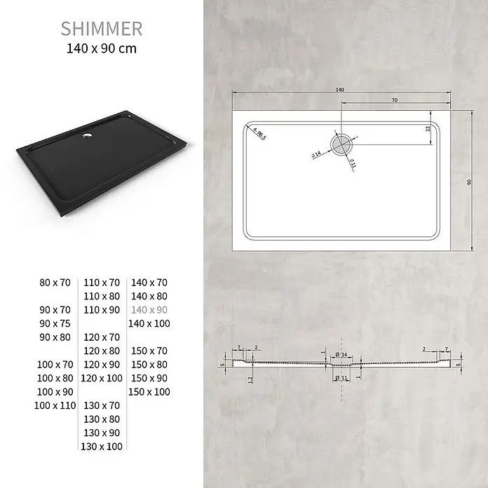 i-flair Duschwanne SHIMMER 90x140 cm - L x B: 140 x 90 cm, Verbundwerkstoff, Schwarz - Schwarze rechteckige Duschwanne mit mittigem Abfluss.