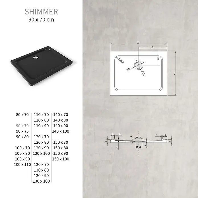 i-flair Duschwanne SHIMMER 70x90 cm - L x B: 90 x 70 cm, Verbundwerkstoff, Schwarz - Schwarze rechteckige Duschwanne mit technischer Zeichnung der Maße und Liste der verfügbaren Größen.