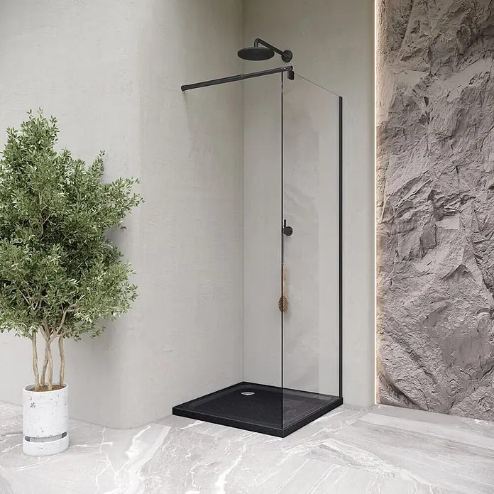 i-flair Duschwanne Shimmer STONE 100x100 cm - L x B: 100 x 100 cm, Verbundwerkstoff, Schwarz - Moderne begehbare Dusche mit schwarzer Wanne, klarem Glas und schwarzem Duschkopf im modernen Bad.
