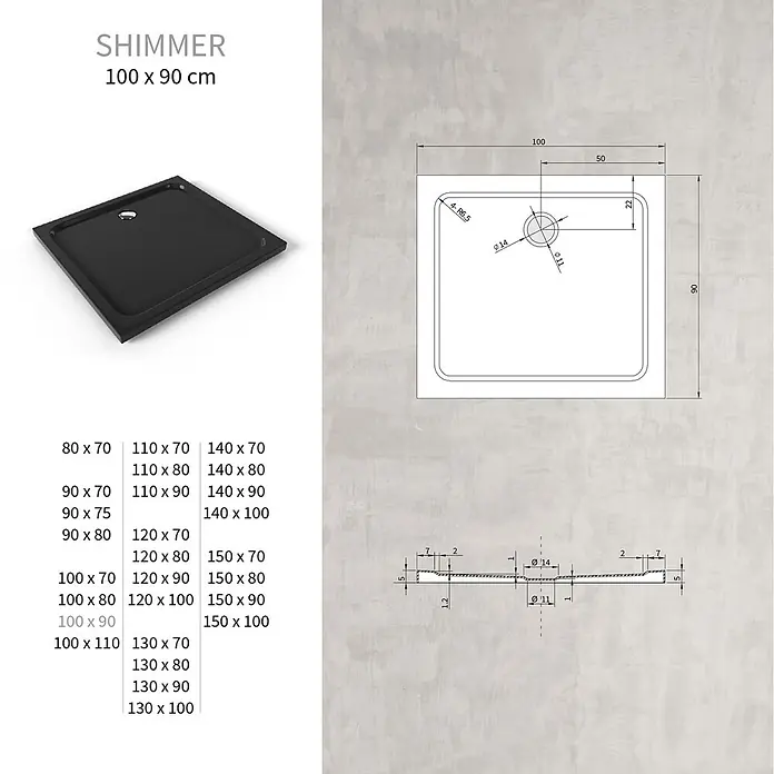 i-flair Duschwanne SHIMMER 90x100 cm - L x B: 100 x 90 cm, Verbundwerkstoff, Schwarz - Schwarze Shimmer Duschwanne, 100x90 cm, mit detaillierten technischen Spezifikationen.