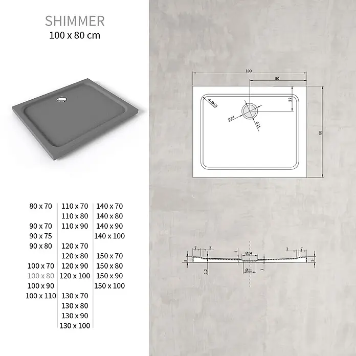 i-flair Duschwanne Shimmer STONE 80x100 cm - L x B: 100 x 80 cm, Verbundwerkstoff, Grau - Graue, texturierte Duschwanne, 100x80 cm, mit mittigem Abfluss.