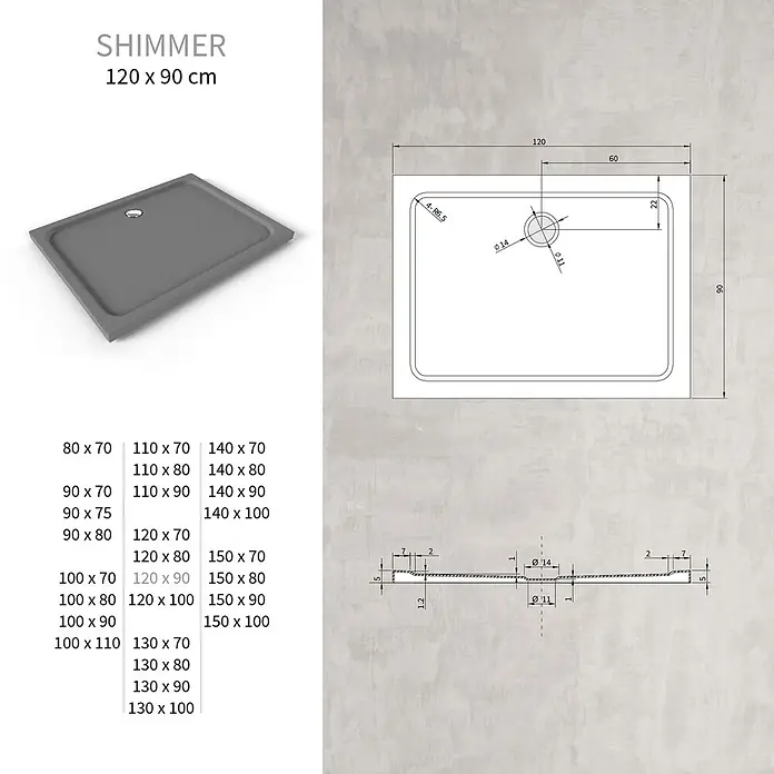 i-flair Duschwanne Shimmer STONE 90x120 cm - L x B: 120 x 90 cm, Verbundwerkstoff, Grau - Graue rechteckige Shimmer Duschwanne mit mittigem Ablauf, 120x90 cm, dargestellt mit technischen Zeichnungen.