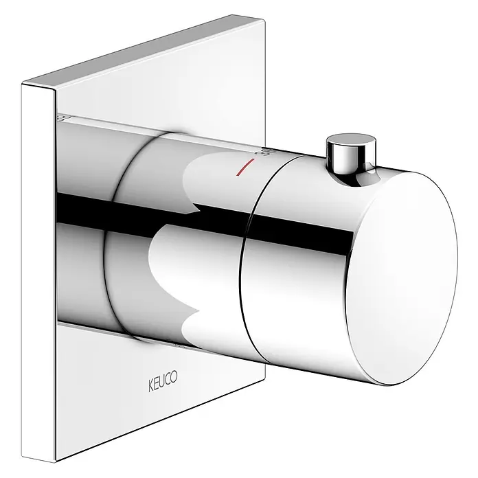 Keuco Duschsystem mit Thermostatarmatur, Hand- und Kopfbrause, eckig, verchromt - Anzahl Strahlarten: 1 Stk., Chrom - Verchromter, wandmontierter Duschthermostat in Zylinderform mit Temperaturanzeige 38°C und kleinem Bedienknopf.