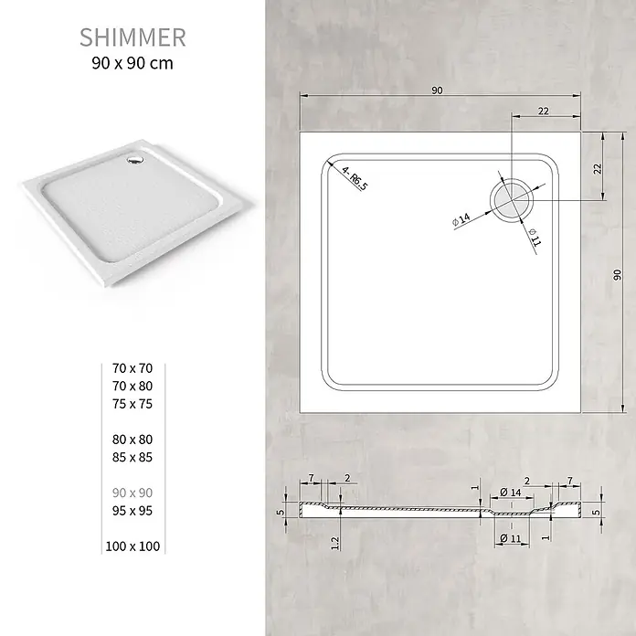 i-flair Duschwanne Shimmer STONE 90x90 cm - L x B: 90 x 90 cm, Verbundwerkstoff, Weiss - Weiße, strukturierte quadratische SHIMMER Duschwanne, 90x90 cm, mit technischen Abmessungen.