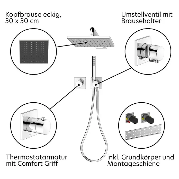Keuco Duschsystem mit Thermostatarmatur, Hand- und Kopfbrause, eckig, verchromt - Anzahl Strahlarten: 1 Stk., Chrom - Verchromtes Duschsystem mit quadratischer 30x30 cm Kopfbrause, Thermostatarmatur, Umstellventil, Handbrause und Montageschiene.