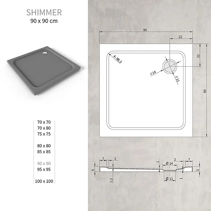 i-flair Duschwanne Shimmer STONE 90x90 cm - L x B: 90 x 90 cm, Verbundwerkstoff, Grau - Graue, strukturierte quadratische Duschwanne, 90x90 cm, mit technischen Zeichnungen von Maßen und Abflussdetails.