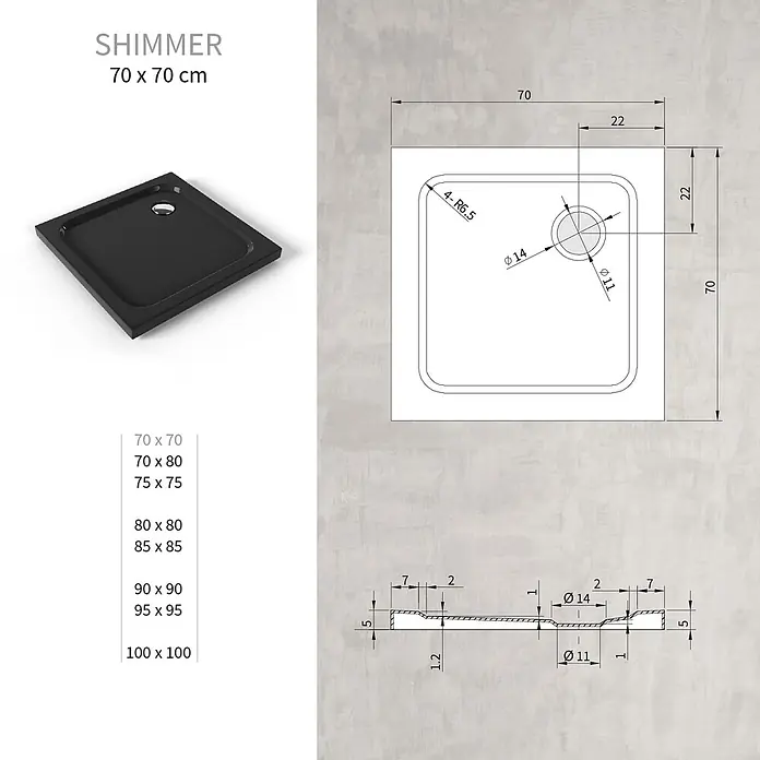 i-flair Duschwanne SHIMMER 70x70 cm - L x B: 70 x 70 cm, Verbundwerkstoff, Schwarz - Schwarze quadratische Duschwanne, 70x70 cm, mit technischer Zeichnung für Maße und Abfluss.