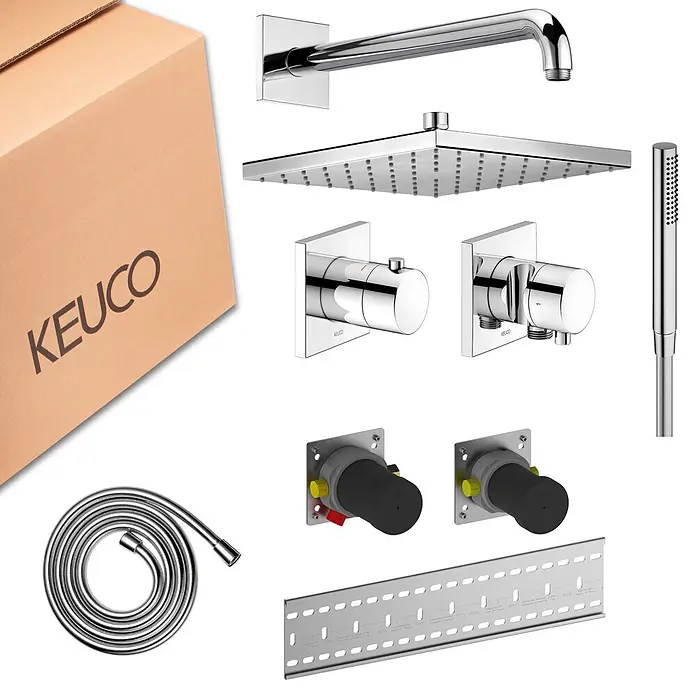 Keuco Duschsystem mit Thermostatarmatur, Hand- und Kopfbrause, eckig, verchromt - Anzahl Strahlarten: 1 Stk., Chrom - KEUCO Duschsystem-Set mit Chrom-Duschkopf, Handbrause, Schlauch, zwei Ventilen, Montageschiene und Karton.