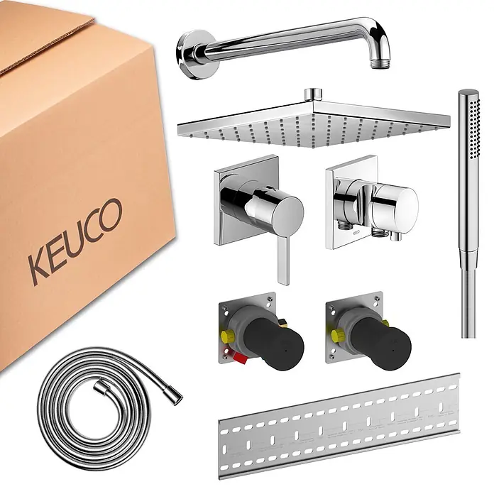 Keuco Duschsystem mit Einhebelmischer, Hand- und Kopfbrause, eckig, verchromt - Anzahl Strahlarten: 1 Stk., Chrom - KEUCO Chrom-Duschsystem: Quadratischer Duschkopf, Handbrause, Arm, Schlauch, Mischer, Inneneinheiten und Montageschiene, mit KEUCO Karton.