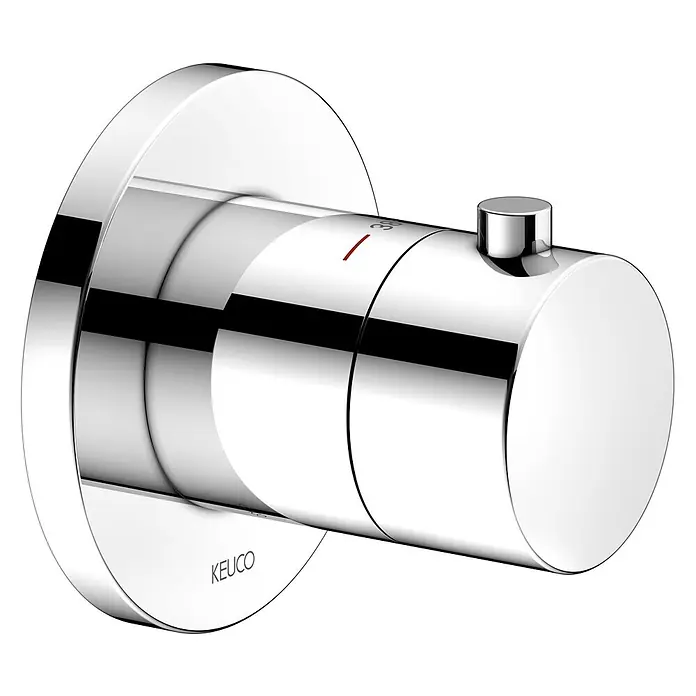 Keuco Duschsystem mit Thermostatarmatur, Hand- und Kopfbrause, rund, verchromt - Anzahl Strahlarten: 1 Stk., Chrom - Duschthermostatarmatur aus poliertem Chrom mit zylindrischem Griff, runder Wandplatte, 38°C Temperaturanzeige und Bedienknopf.