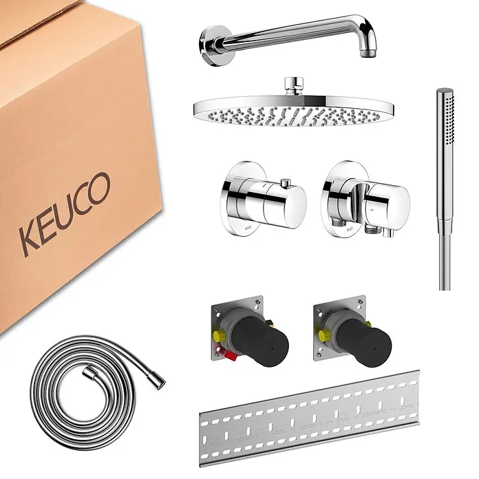 Keuco Duschsystem mit Thermostatarmatur, Hand- und Kopfbrause, rund, verchromt - Anzahl Strahlarten: 1 Stk., Chrom - KEUCO Duschsystem-Set in Chrom: Duschkopf, Handbrause, Mischer, Schlauch, Montageteile und Kartonage.