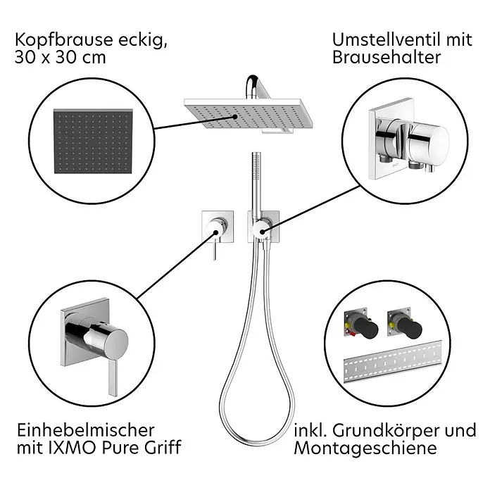 Keuco Duschsystem mit Einhebelmischer, Hand- und Kopfbrause, eckig, verchromt - Anzahl Strahlarten: 1 Stk., Chrom - Duschsystem mit eckiger Kopfbrause, Handbrause, Einhebelmischer, Umstellventil mit Brausehalter, inkl. Grundkörper und Montageschiene.