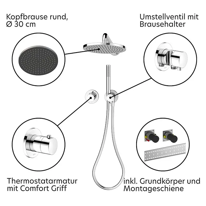 Keuco Duschsystem mit Thermostatarmatur, Hand- und Kopfbrause, rund, verchromt - Anzahl Strahlarten: 1 Stk., Chrom - Verchromtes Duschsystem: 30cm Rundkopfbrause, Thermostatarmatur, Umstellventil mit Halter, inkl. Grundkörper und Montageschiene.