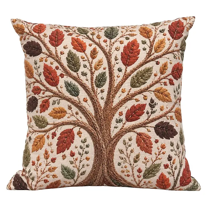 Cojín Árbol de vida - 45 x 45 cm, Textil, Teja - Cojín bordado con diseño de árbol de otoño y hojas de colores sobre tela natural.