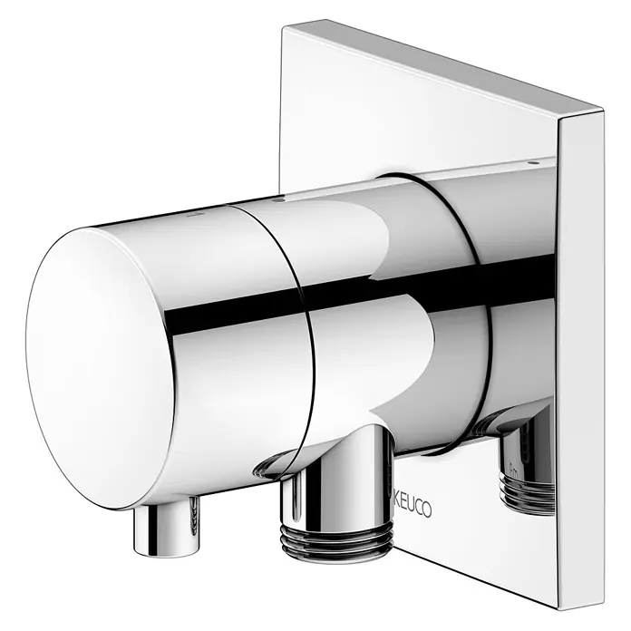 Keuco Duschsystem mit Einhebelmischer, Hand- und Kopfbrause, eckig, verchromt - Anzahl Strahlarten: 1 Stk., Chrom - Verchromte Dusch- oder Wannenarmatur mit zylindrischem Körper und quadratischer Wandplatte, mit zwei Wasserablässen. KEUCO.