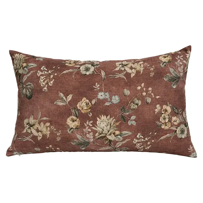 Cojín Flor - 30 x 50 cm, Textil, Burdeos - Cojín rectangular marrón con estampado floral.