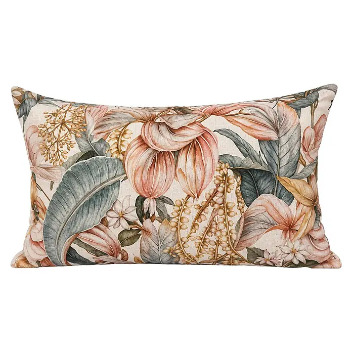 Cojín Harry - 30 x 50 cm, Textil, Gris - Cojín rectangular con estampado botánico tropical en tonos rosa, verde y beige sobre tela de lino.