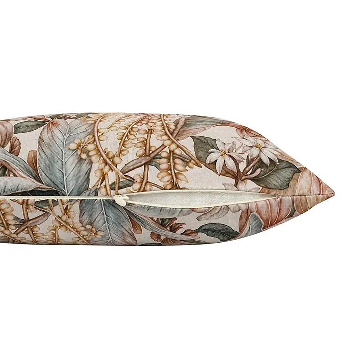 Cojín Harry - 30 x 50 cm, Textil, Gris - Cojín floral con estampado tropical de hojas y bayas, con cremallera abierta.