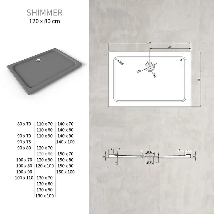 i-flair Duschwanne Shimmer STONE 80x120 cm - L x B: 120 x 80 cm, Verbundwerkstoff, Grau - Strukturierte graue Duschwanne, 120x80 cm, mit Ablauf. Technische Zeichnung und Größenoptionen.